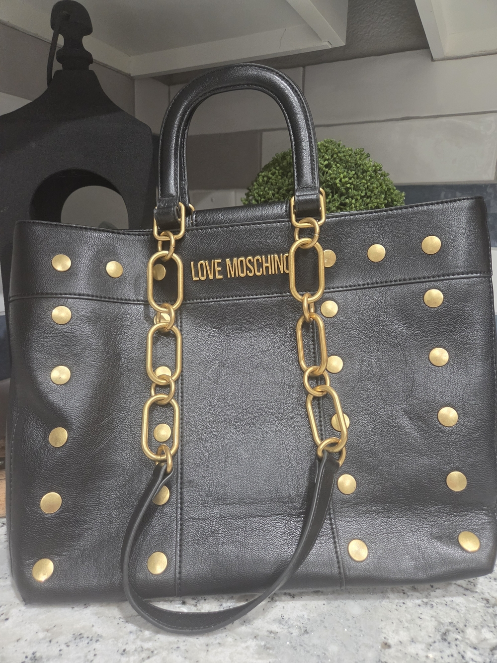 Love Moschino Black Leather Tote with Gold Chain Accents